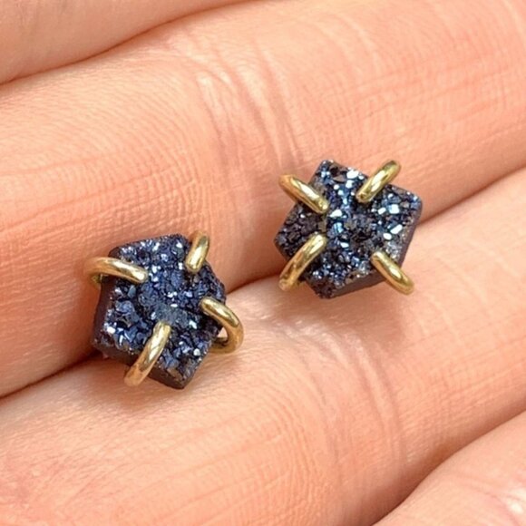 Sterling Silver 925 Slab Druzy Multicolor Prong Set Butterfly Closure Earrings - Picture 4 of 8